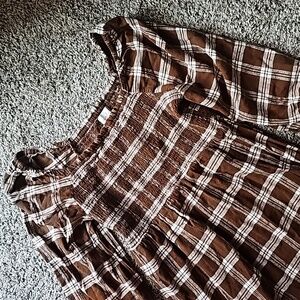Womens size small, brown white plaid puff 1/4sleeve midi dress
